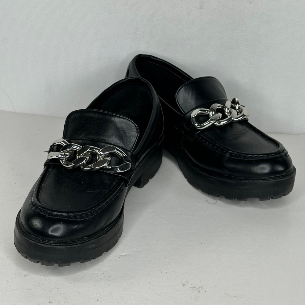 Esprit Briley Black Loafers Lug Sole‎ Chunky Silver Chain Y2K Sz 7 1/2